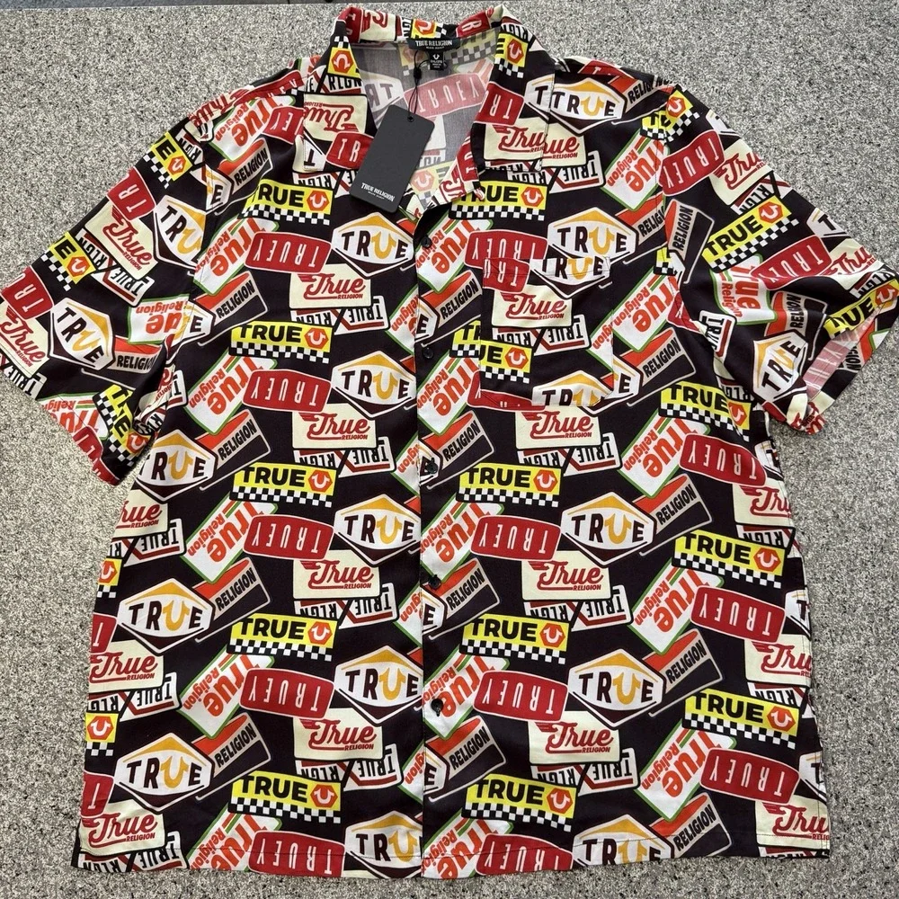True Religion Short Sleeve Camp Shirt Mens 2XL AOP All over Print Button Up